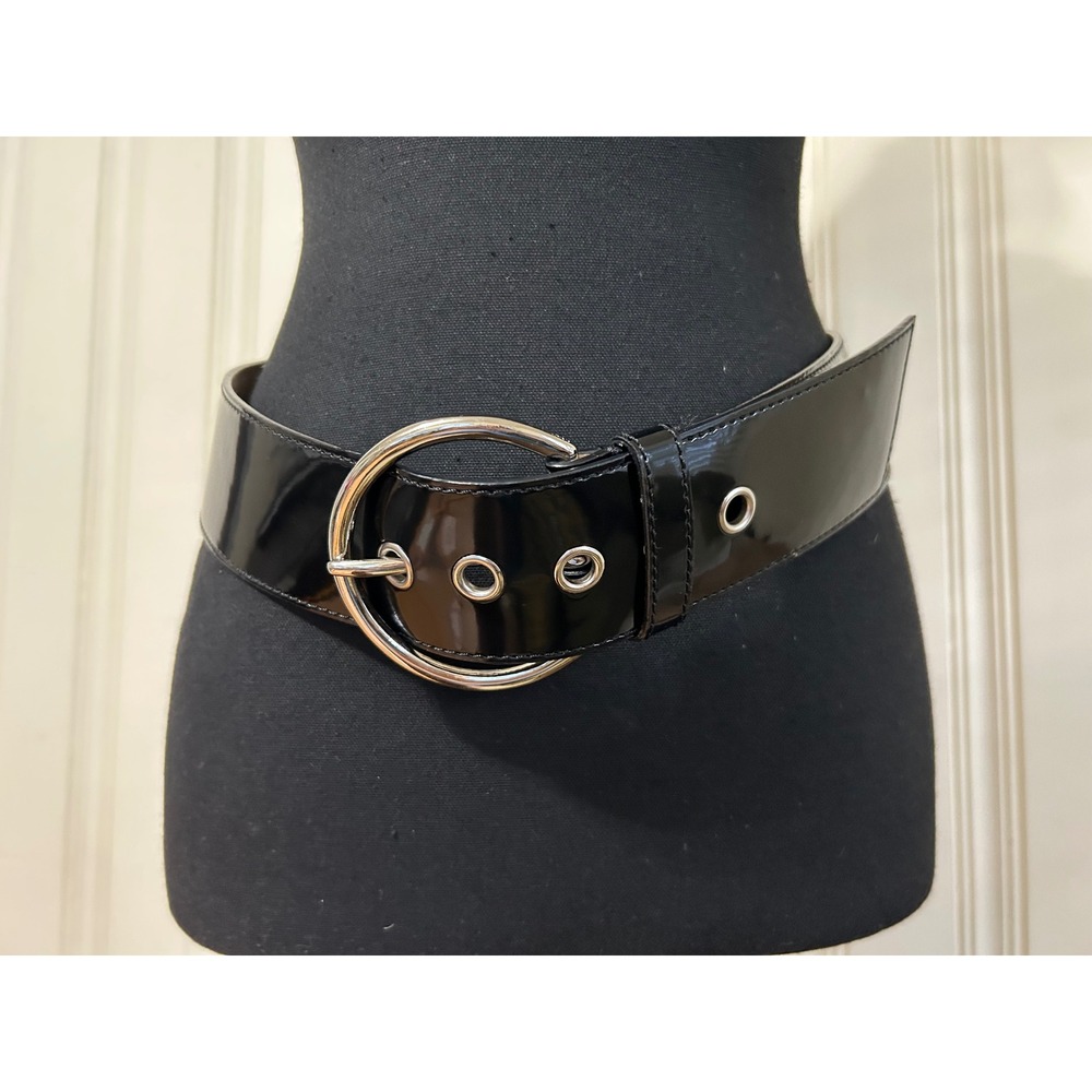 NWOT Ann Taylor Black Patent Leather Wide Waist Belt Silver Round Buckle XS